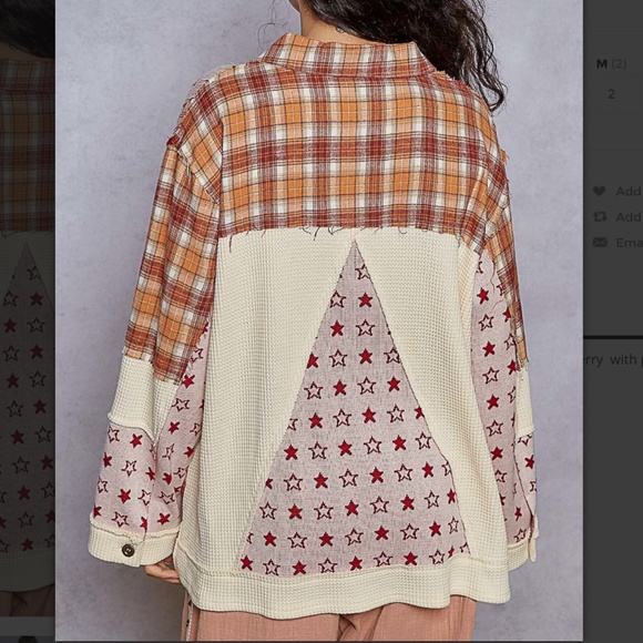 POL Mixed Plaid & Star Patchwork Shacket in Orange, Cream & Red - Picture 4 of 5